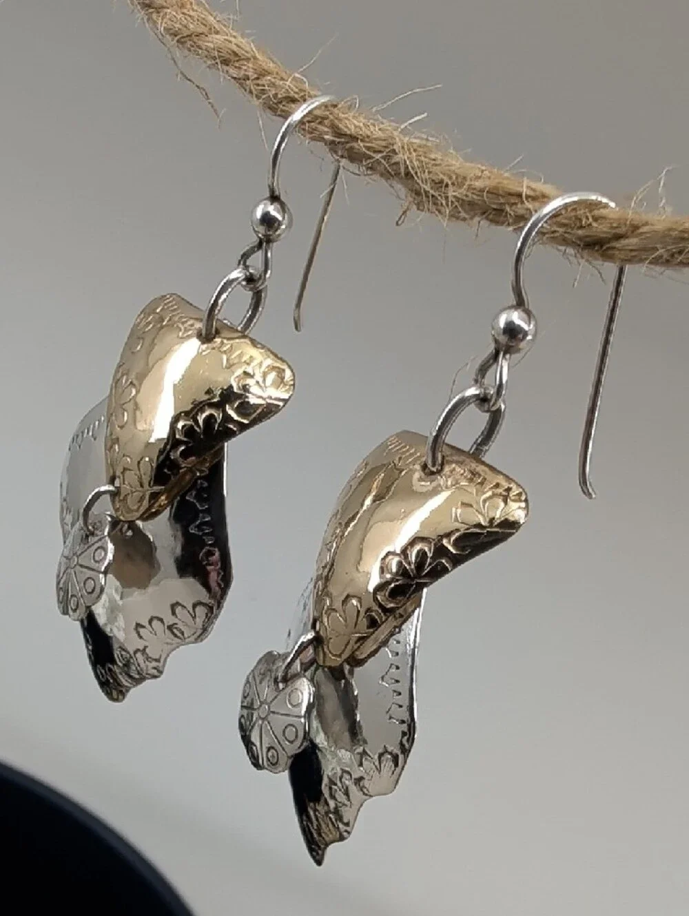 Vintage Hand-Hammered 925 Sterling Two-Tone Shield Dangle Earrings